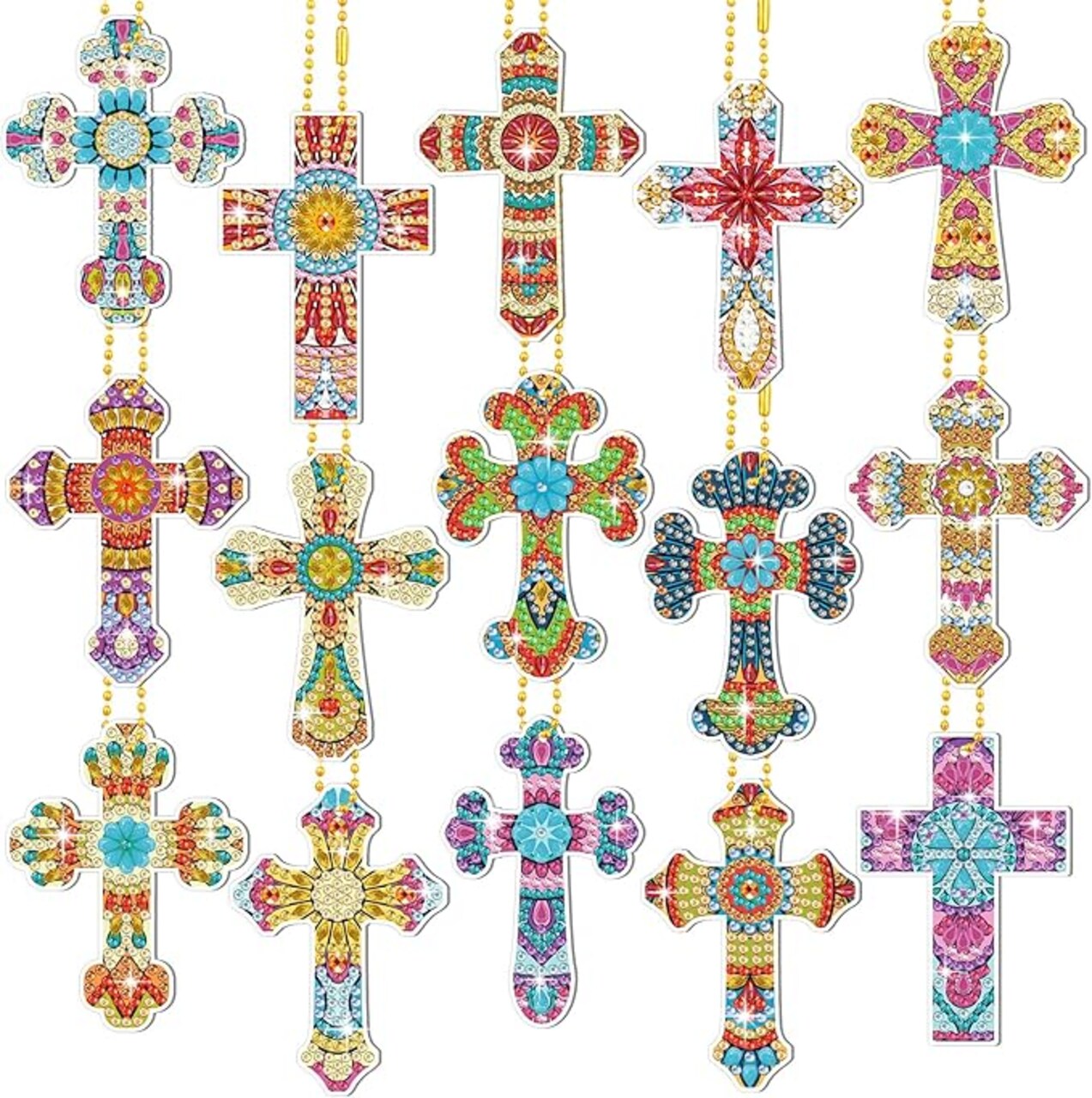 15 Pcs Easter Cross Diamond Painting Keychains, Christian Jesus Diamond Art Keychain Religious Painting Key Chains DIY Art Ornaments Key Rings for Vacation Bible School Adults Kids Decor